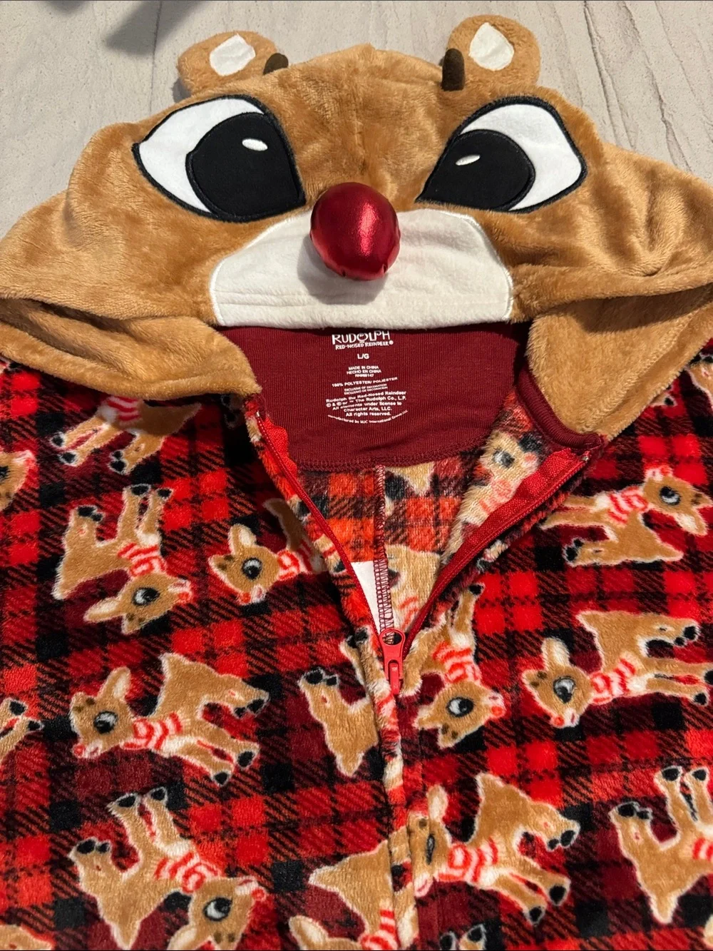 Rudolph the Red-Nosed Reindeer Super Minky Union Suit Pajama with Hood. NWOT LRG